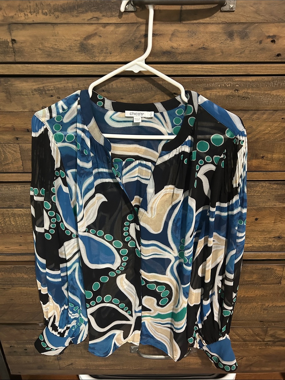 Chico's Abstract Swirl Print Blouse Sheer Blue Black Mod Blouson Sleeve Size 2.